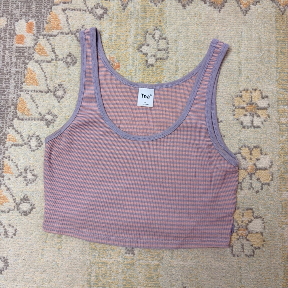 Aritzia Tna Striped Cropped Ribbed Tank Top Purple Pink XS Scoop Neck Sleeveless